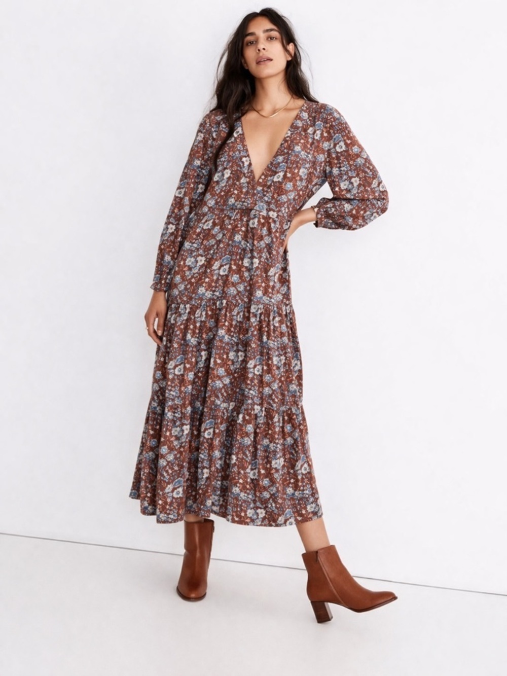 Madewell Tiered Maxi Dress XL Autumn Bloom Floral V Neck Boho
